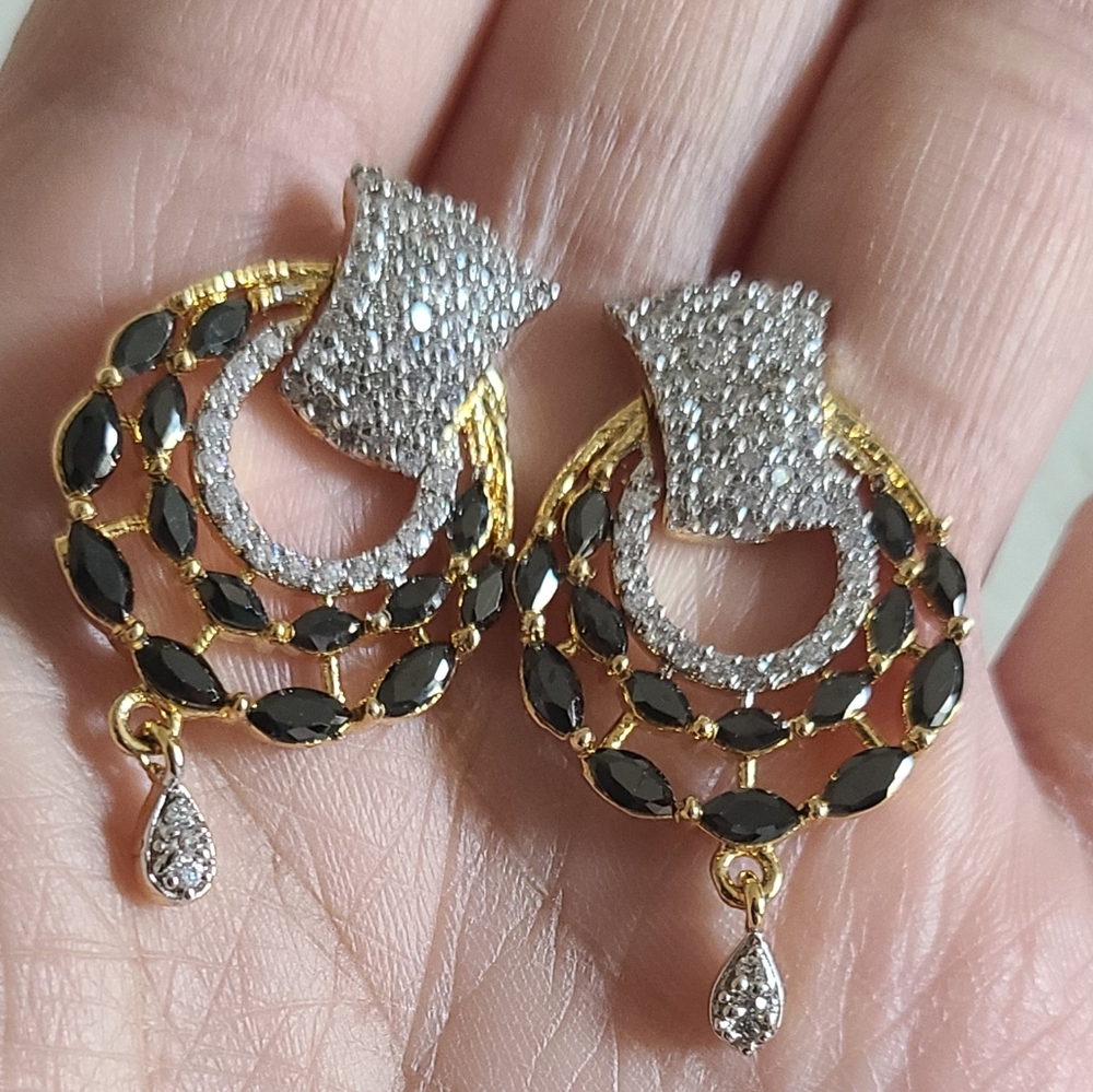 Black and Gold Crescent Earrings & Pendant with Sparkling Stones